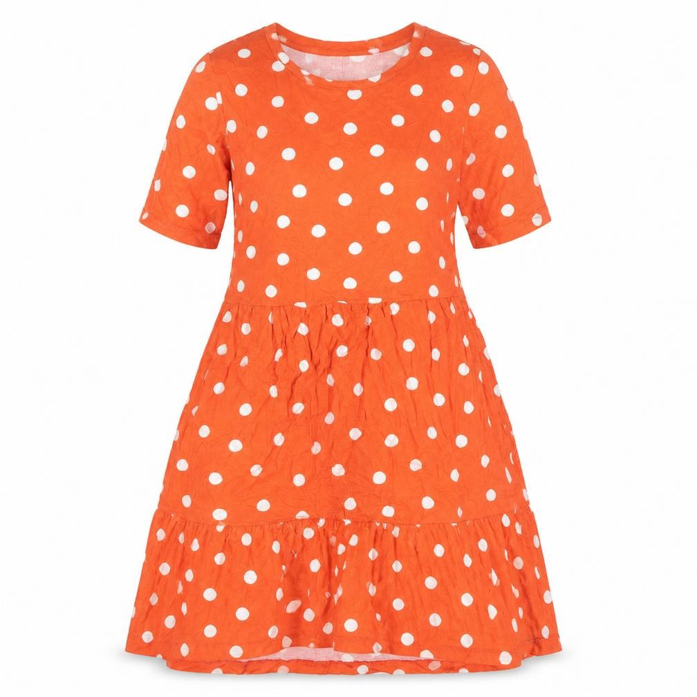 Front view of Marks & Spencer women’s orange polka dot viscose a-line, size UK 8, round neck pullover