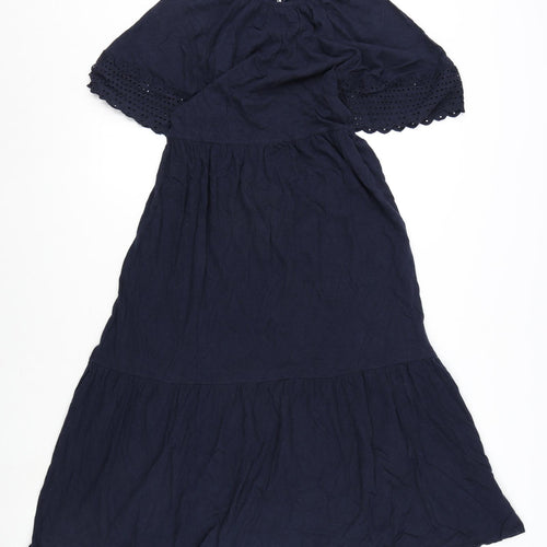 Marks and Spencer Womens Blue Cotton A-Line Size 6 Round Neck Button - Embroidery