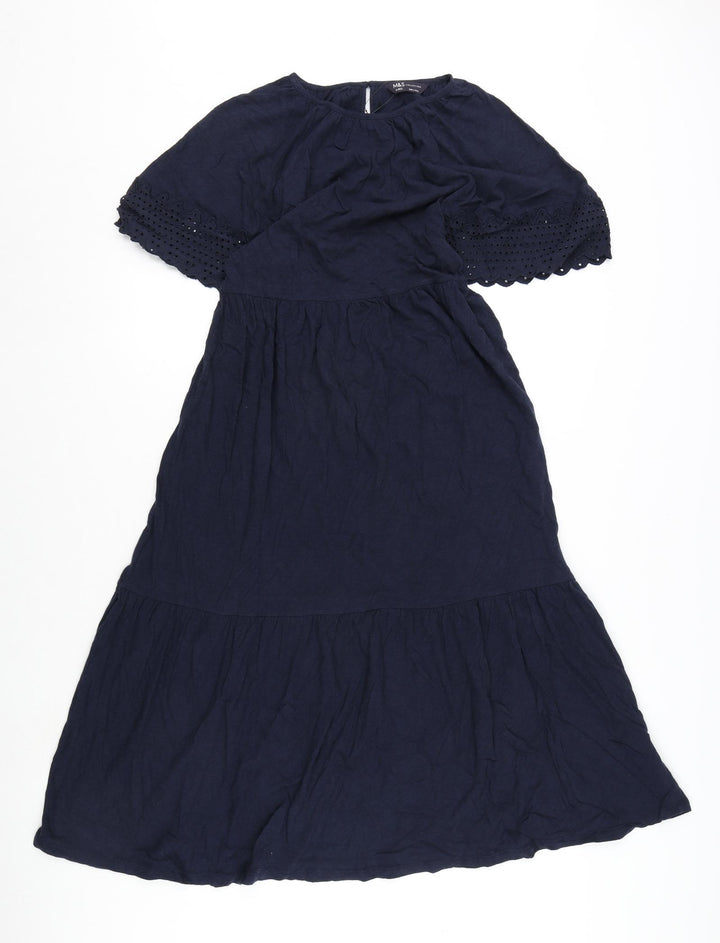 Marks and Spencer Womens Blue Cotton A-Line Size 6 Round Neck Button - Embroidery