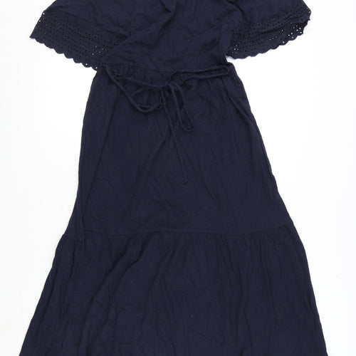 Marks and Spencer Womens Blue Cotton A-Line Size 6 Round Neck Button - Embroidery