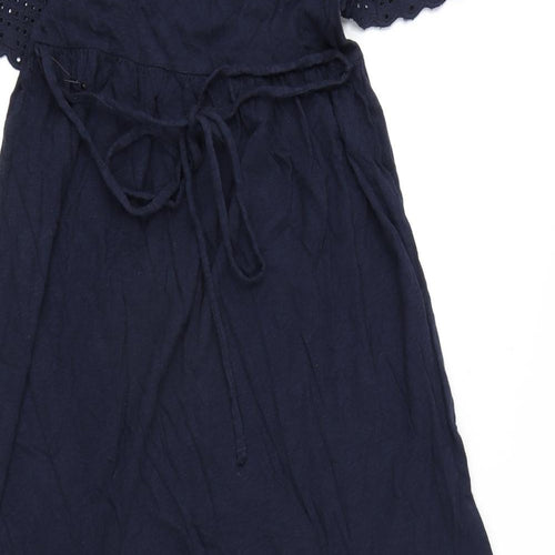 Marks and Spencer Womens Blue Cotton A-Line Size 6 Round Neck Button - Embroidery