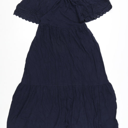 Marks and Spencer Womens Blue Cotton A-Line Size 6 Round Neck Button - Embroidery