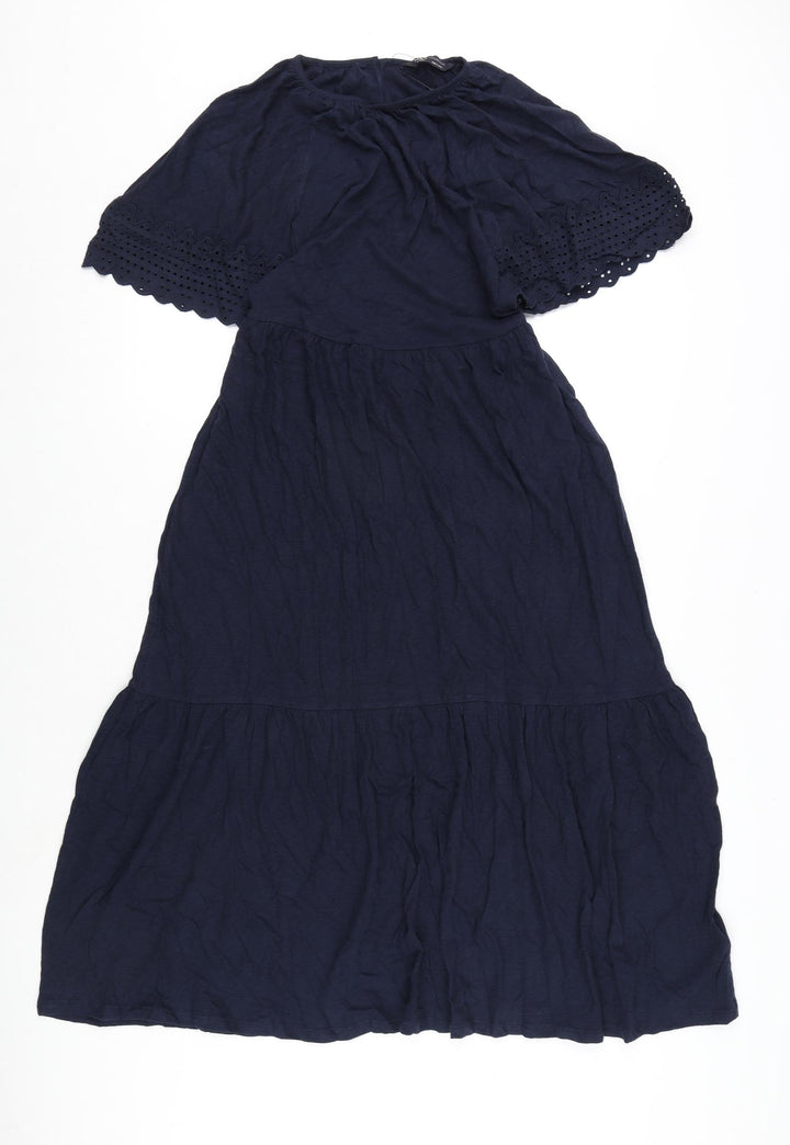 Marks and Spencer Womens Blue Cotton A-Line Size 6 Round Neck Button - Embroidery