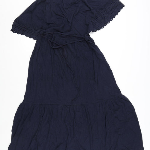 Marks and Spencer Womens Blue Cotton A-Line Size 6 Round Neck Button - Embroidery