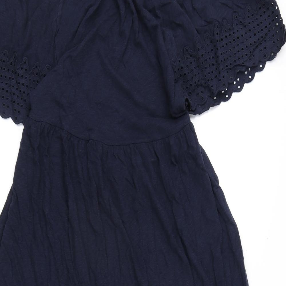 Marks and Spencer Womens Blue Cotton A-Line Size 6 Round Neck Button - Embroidery