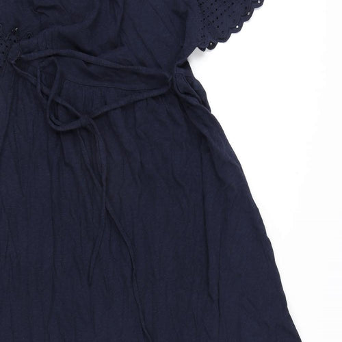 Marks and Spencer Womens Blue Cotton A-Line Size 6 Round Neck Button - Embroidery