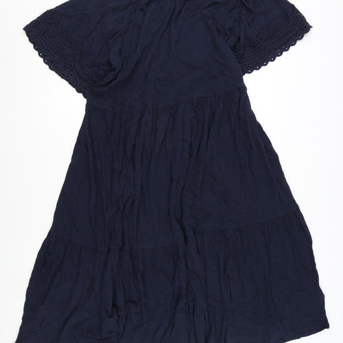 Marks and Spencer Womens Blue Cotton A-Line Size 24 Round Neck Button - Embroidery