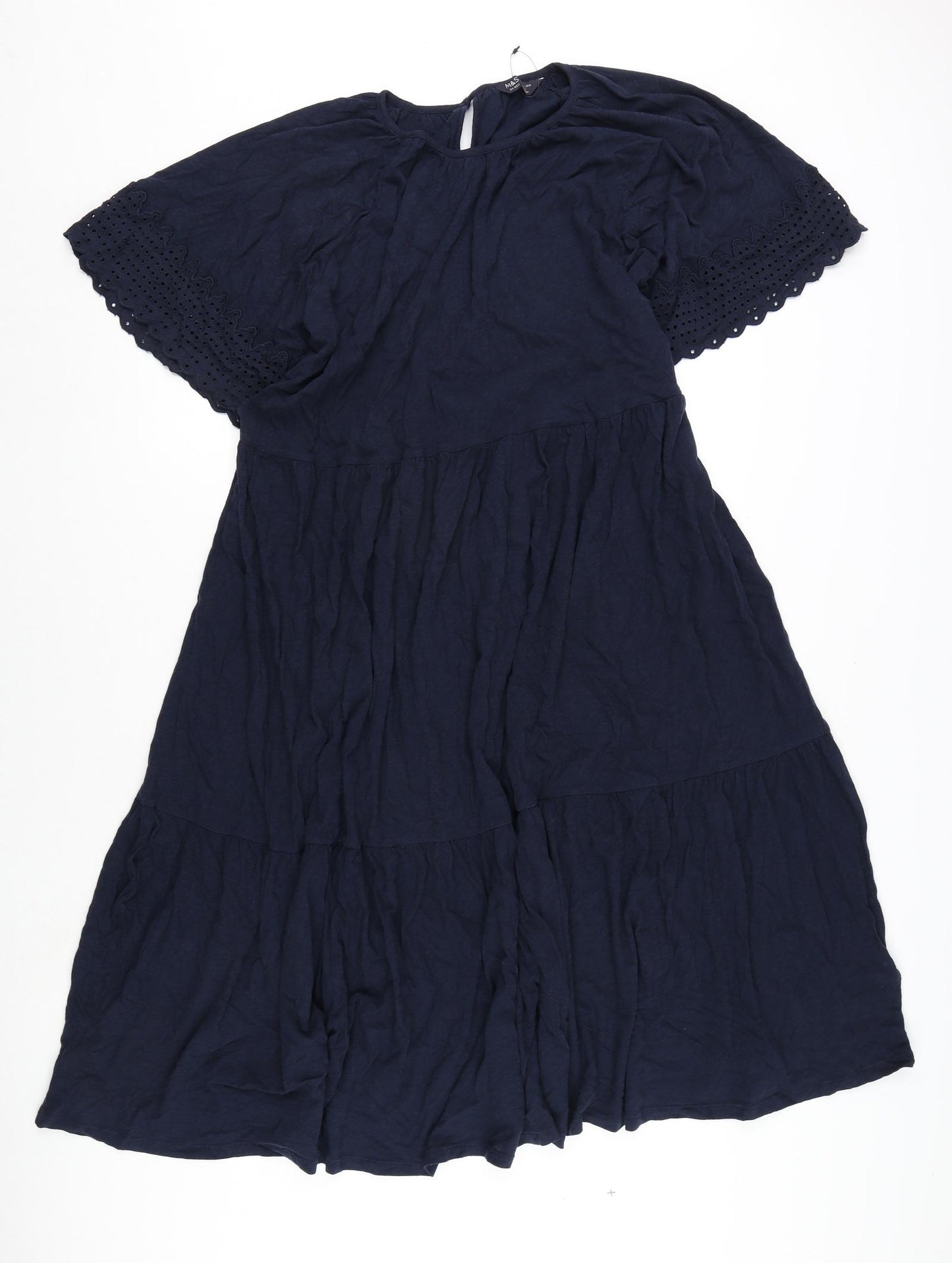Marks and Spencer Womens Blue Cotton A-Line Size 24 Round Neck Button - Embroidery