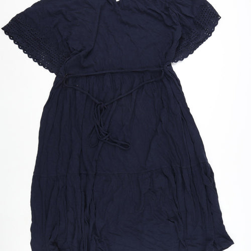 Marks and Spencer Womens Blue Cotton A-Line Size 24 Round Neck Button - Embroidery