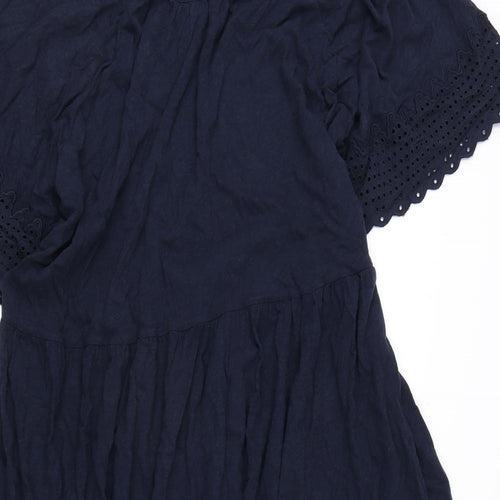 Marks and Spencer Womens Blue Cotton A-Line Size 24 Round Neck Button - Embroidery