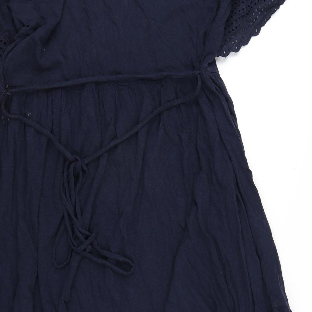 Marks and Spencer Womens Blue Cotton A-Line Size 24 Round Neck Button - Embroidery