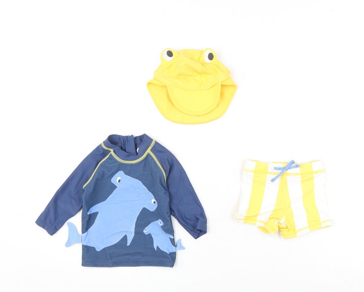 Marks and Spencer Boys Multicoloured Striped Polyamide Shorts Set Outfit/Set Size 0-3 Months Zip - Swim Set, Hat Included, Shark