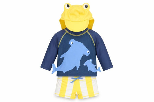 Front view of Marks & Spencer boys’ multicoloured striped polyamide shorts set outfit/set, months zip - swim set, hat