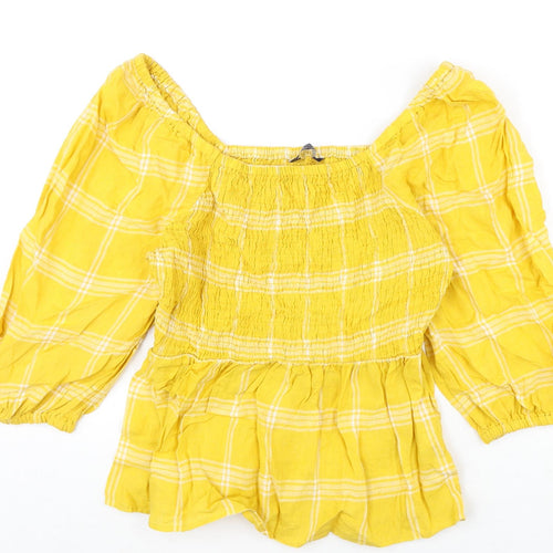 Marks and Spencer Womens Yellow Plaid Linen Basic Blouse Size 10 Off the Shoulder