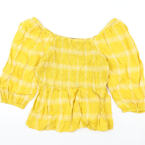 Marks and Spencer Womens Yellow Plaid Linen Basic Blouse Size 10 Off the Shoulder