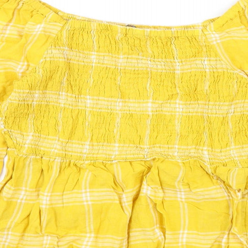 Marks and Spencer Womens Yellow Plaid Linen Basic Blouse Size 10 Off the Shoulder