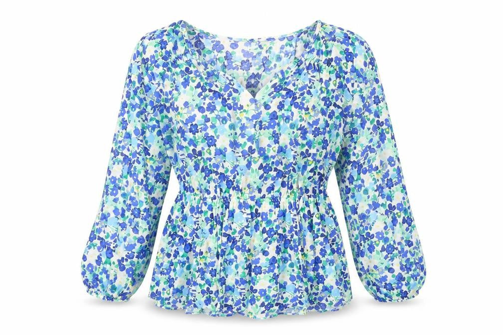 Front view of Marks & Spencer women’s multicoloured floral viscose basic blouse, size UK 8, v-neck - tie detail