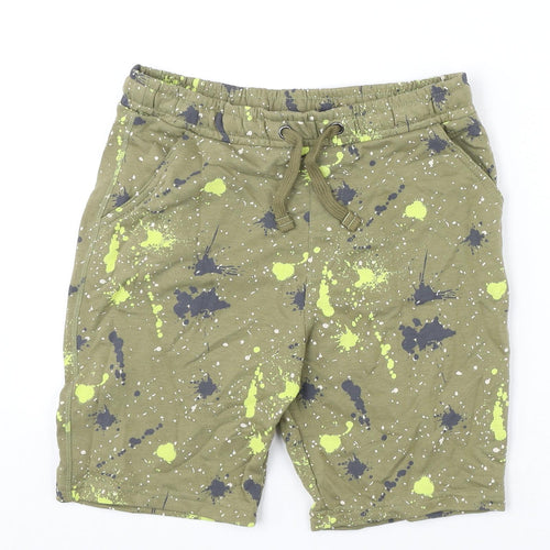 Marks and Spencer Boys Green Geometric Cotton Sweat Shorts Size 11-12 Years L6 in Regular Drawstring - Paint Splatter Look