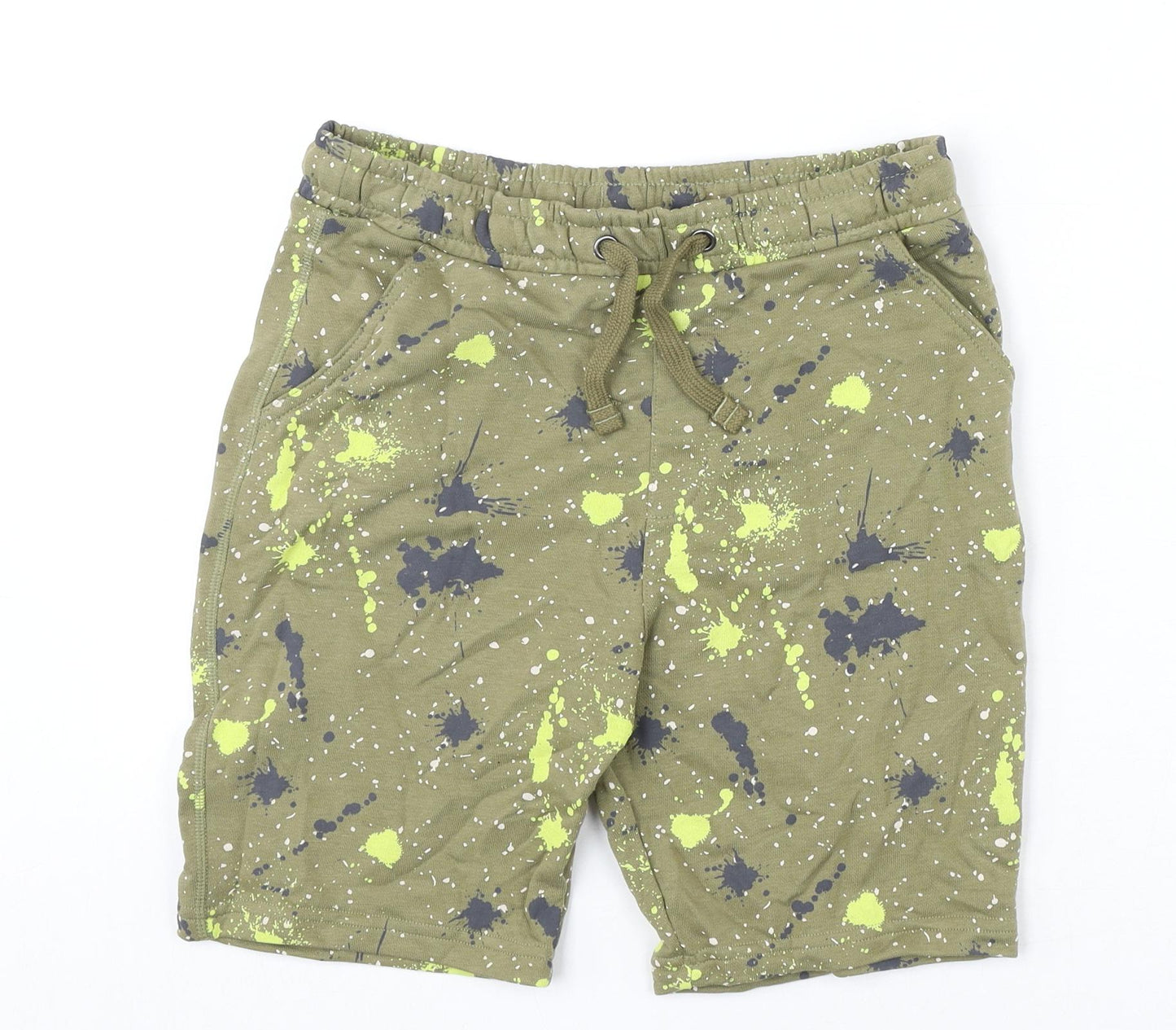 Marks and Spencer Boys Green Geometric Cotton Sweat Shorts Size 11-12 Years L6 in Regular Drawstring - Paint Splatter Look