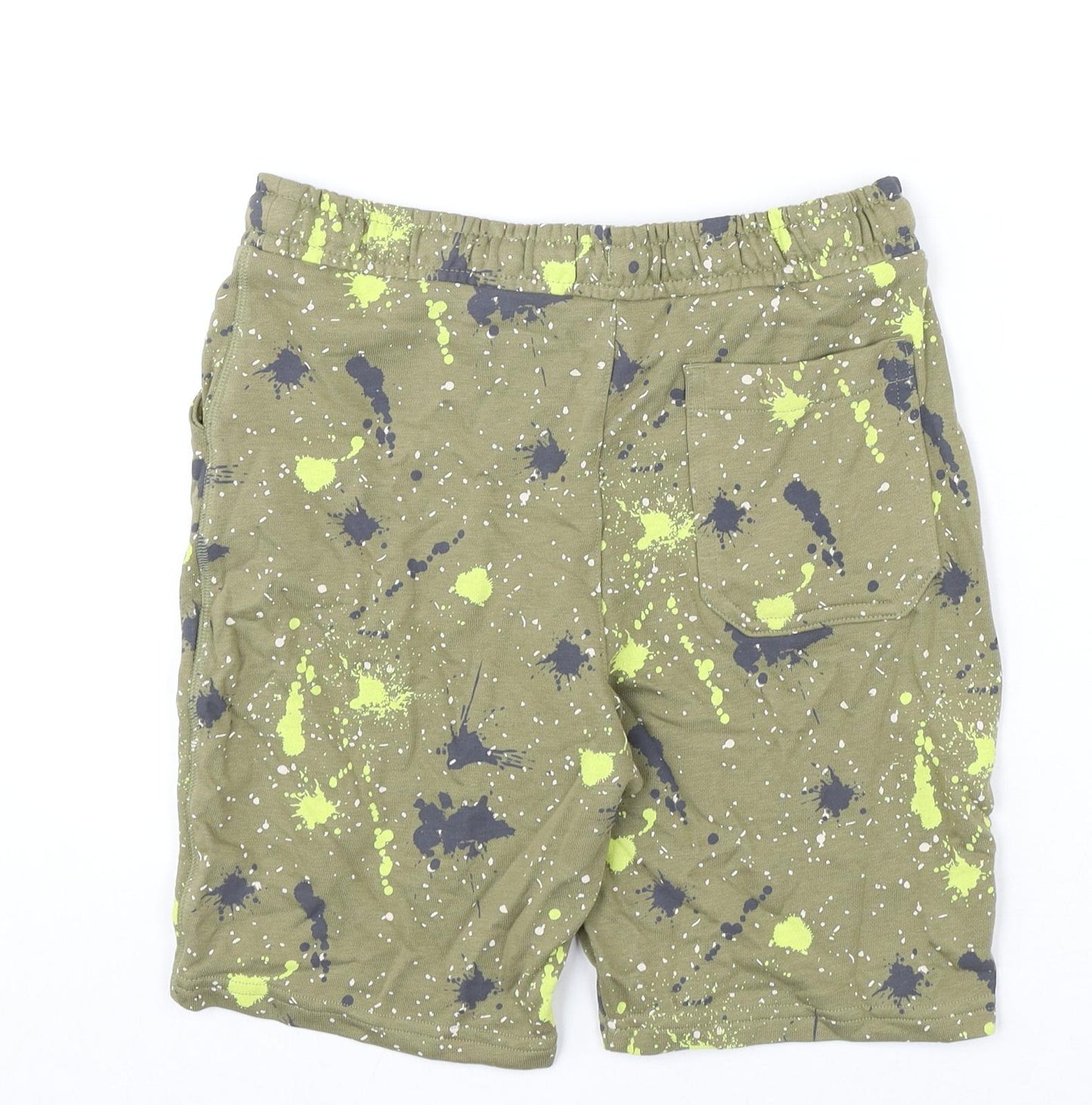 Marks and Spencer Boys Green Geometric Cotton Sweat Shorts Size 11-12 Years L6 in Regular Drawstring - Paint Splatter Look