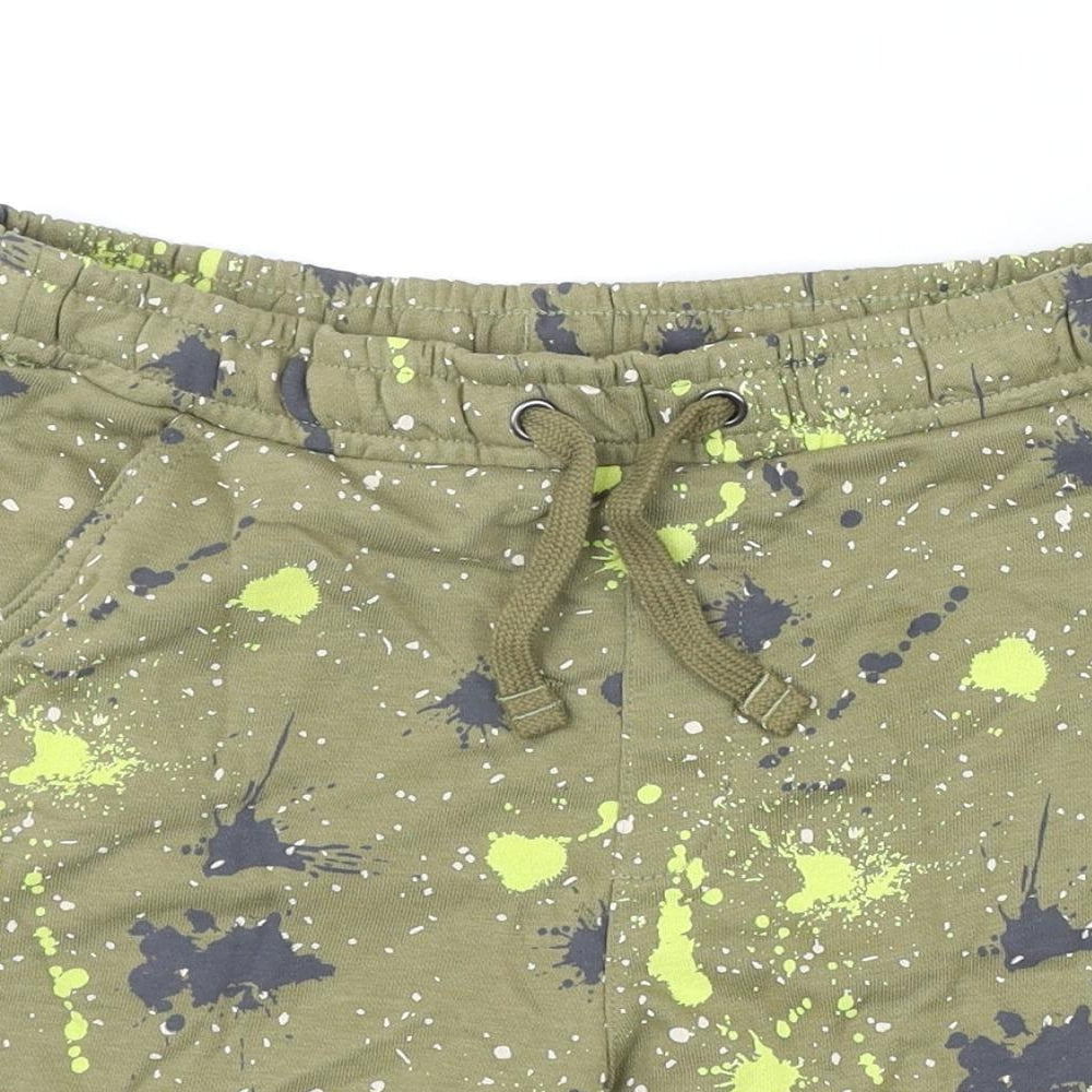 Marks and Spencer Boys Green Geometric Cotton Sweat Shorts Size 11-12 Years L6 in Regular Drawstring - Paint Splatter Look