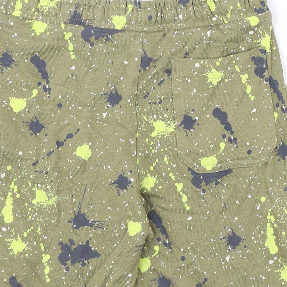 Marks and Spencer Boys Green Geometric Cotton Sweat Shorts Size 11-12 Years L6 in Regular Drawstring - Paint Splatter Look