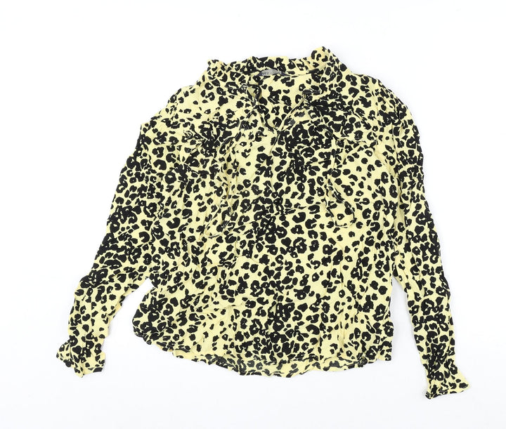 Marks and Spencer Womens Yellow Animal Print Viscose Basic Blouse Size 8 V-Neck - Leopard Print