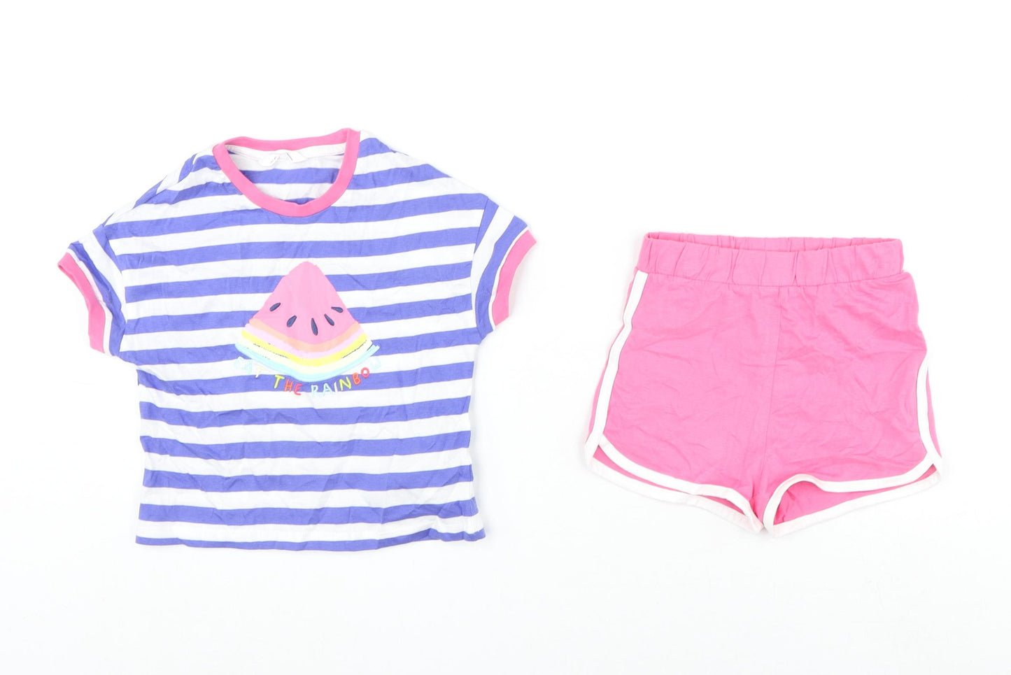 Marks and Spencer Girls Multicoloured Striped Cotton Shorts Set Outfit/Set Size 18-24 Months Pullover - Watermelon, Eat The Rainbow