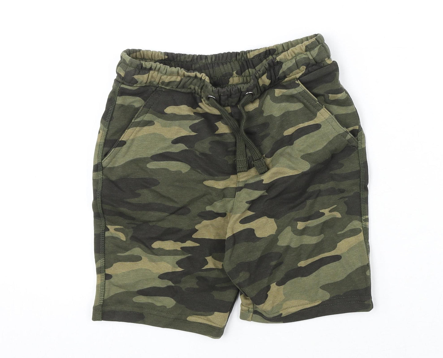 Marks and Spencer Boys Green Camouflage Cotton Sweat Shorts Size 7-8 Years Regular Drawstring