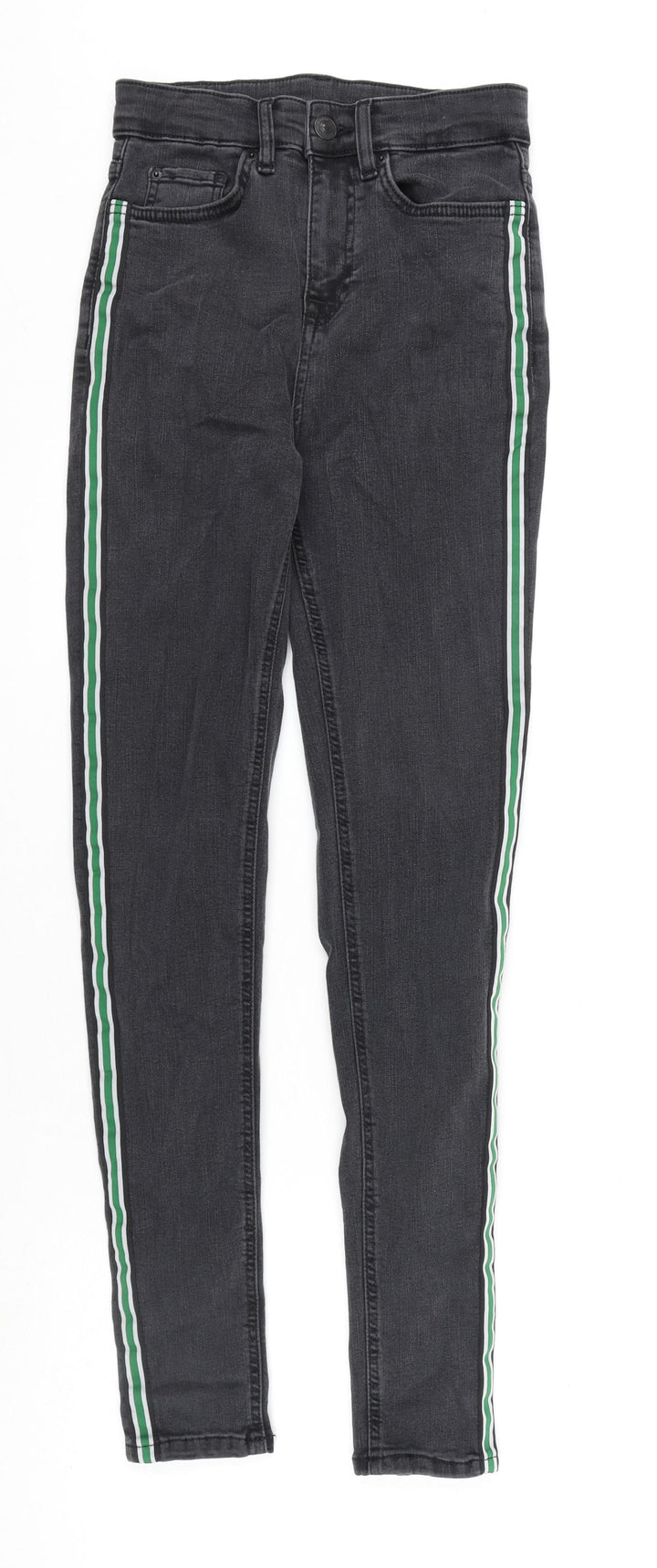 Marks and Spencer Womens Grey Cotton Skinny Jeans Size 6 L28 in Regular Zip - Stripe Detail