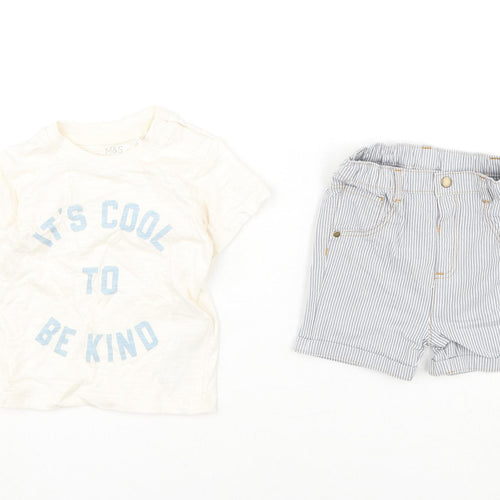 Marks and Spencer Baby Multicoloured Striped Cotton Shorts Set Outfit/Set Size 6-9 Months Snap - It's Cool To Be Kind