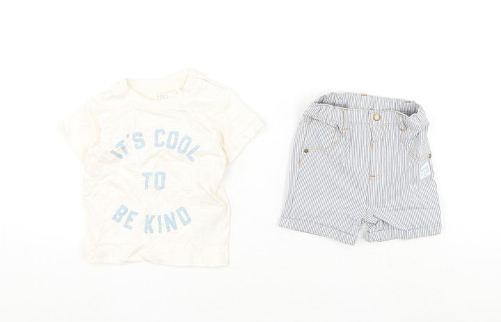 Marks and Spencer Baby Multicoloured Striped Cotton Shorts Set Outfit/Set Size 6-9 Months Snap - It's Cool To Be Kind