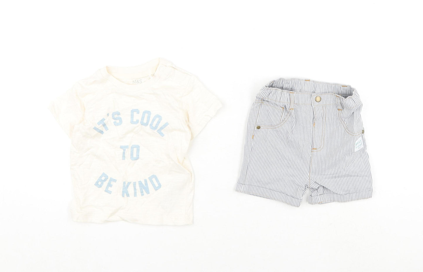 Marks and Spencer Baby Multicoloured Striped Cotton Shorts Set Outfit/Set Size 6-9 Months Snap - It's Cool To Be Kind
