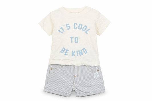 Front view of Marks & Spencer Baby Multicoloured Striped Cotton Shorts Set Outfit/Set, Months Snap - It's Cool To Be Kind