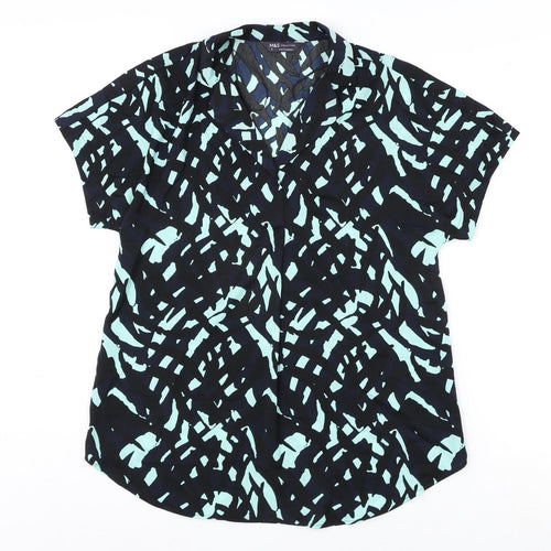 Marks and Spencer Womens Blue Geometric Polyester Basic Blouse Size 8 Collared