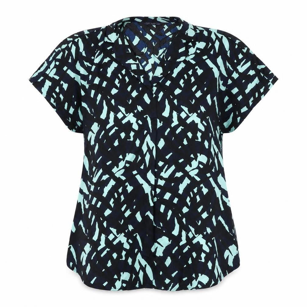 Front view of Marks & Spencer women’s blue geometric polyester basic blouse, size UK 8, collared