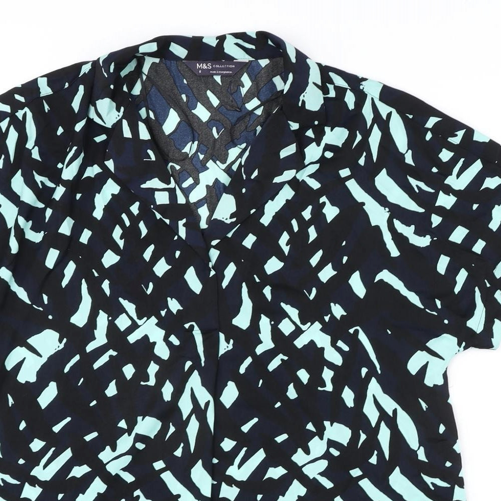 Marks and Spencer Womens Blue Geometric Polyester Basic Blouse Size 8 Collared