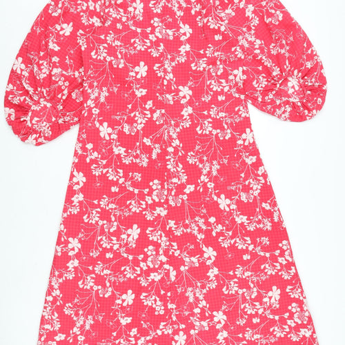 Marks and Spencer Womens Pink Floral Polyester A-Line Size 12 Round Neck Zip