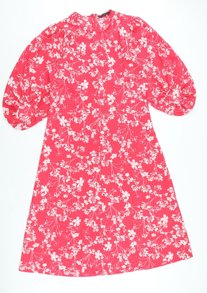 Marks and Spencer Womens Pink Floral Polyester A-Line Size 12 Round Neck Zip