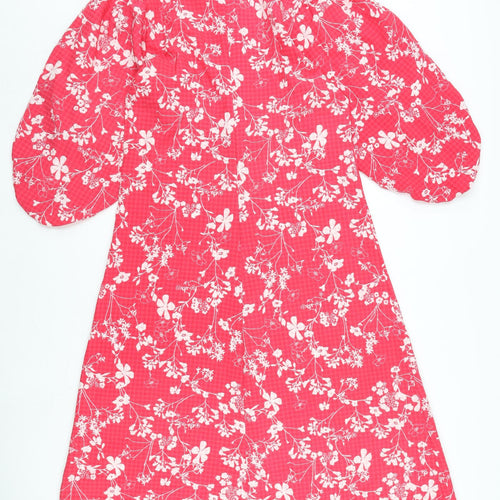 Marks and Spencer Womens Pink Floral Polyester A-Line Size 12 Round Neck Zip