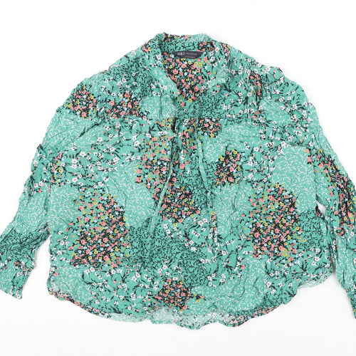 Marks and Spencer Womens Green Floral Viscose Basic Blouse Size 14 V-Neck - Tie Detail