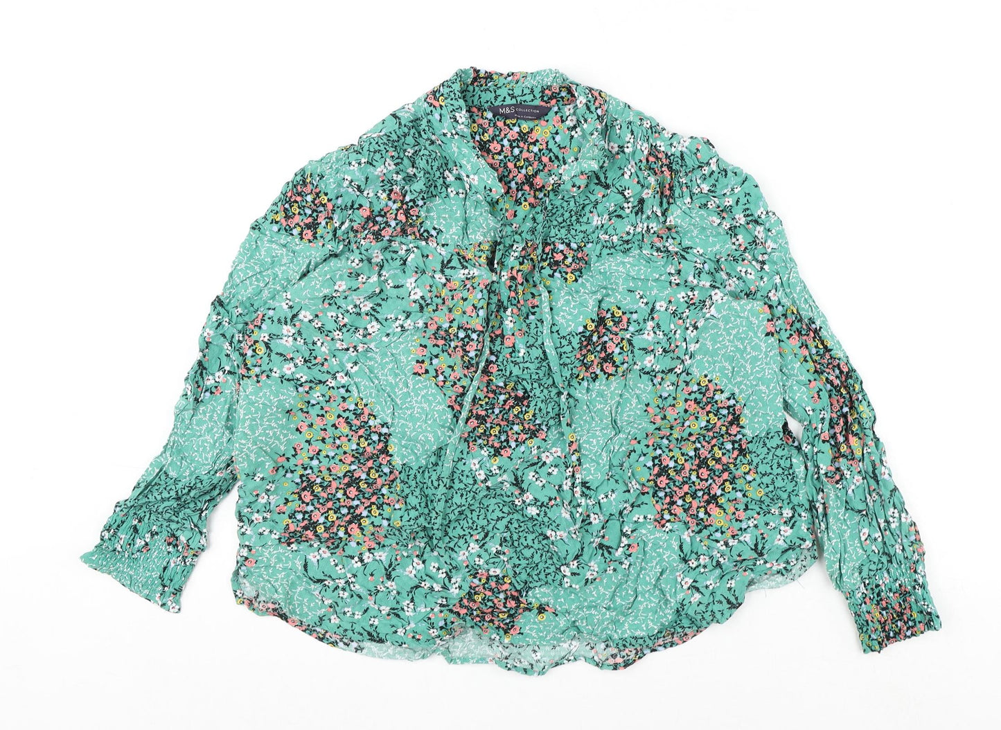 Marks and Spencer Womens Green Floral Viscose Basic Blouse Size 14 V-Neck - Tie Detail
