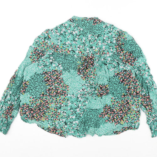 Marks and Spencer Womens Green Floral Viscose Basic Blouse Size 14 V-Neck - Tie Detail