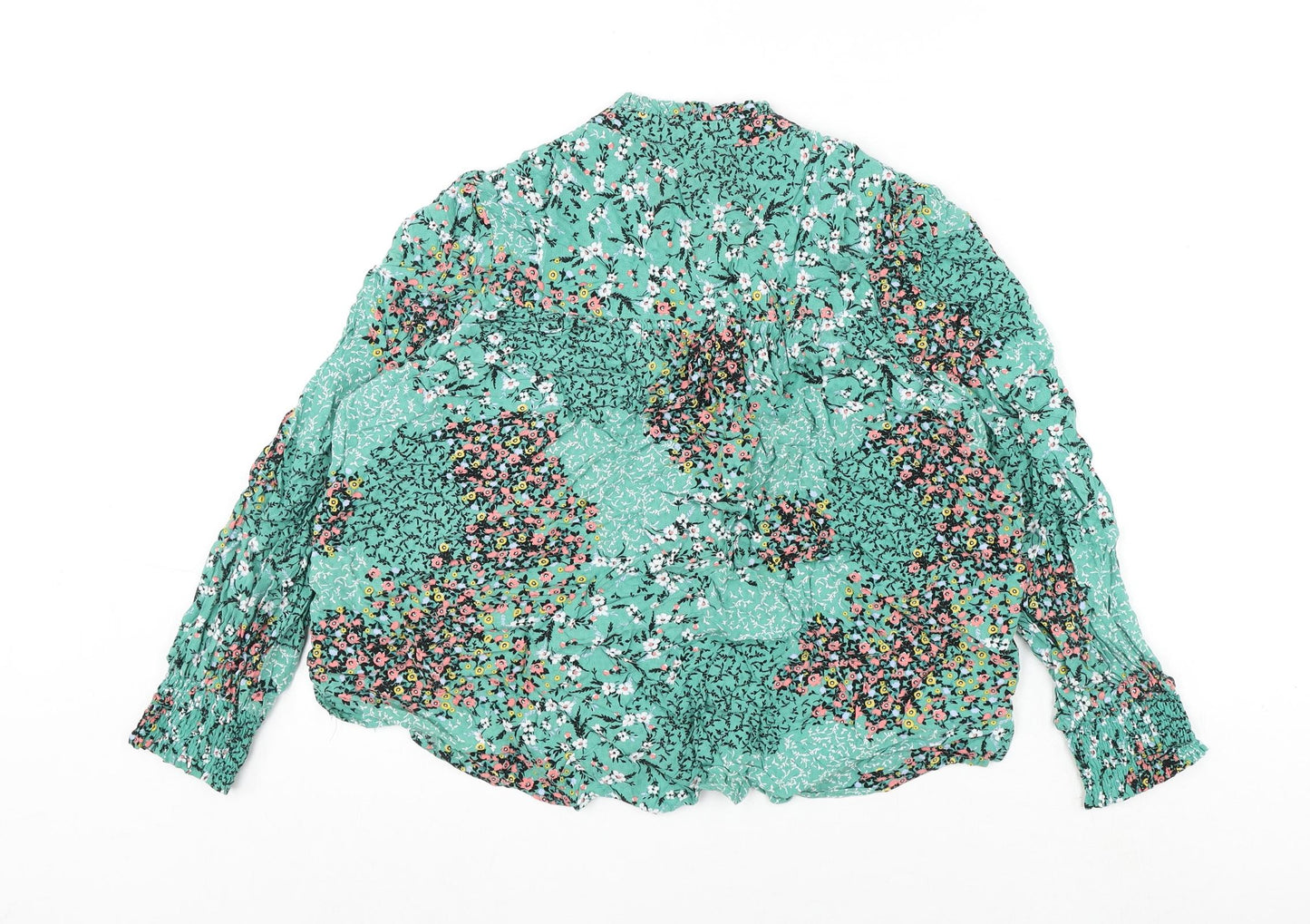Marks and Spencer Womens Green Floral Viscose Basic Blouse Size 14 V-Neck - Tie Detail