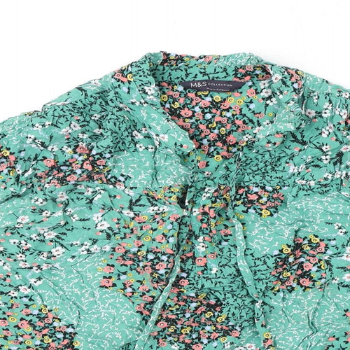Marks and Spencer Womens Green Floral Viscose Basic Blouse Size 14 V-Neck - Tie Detail