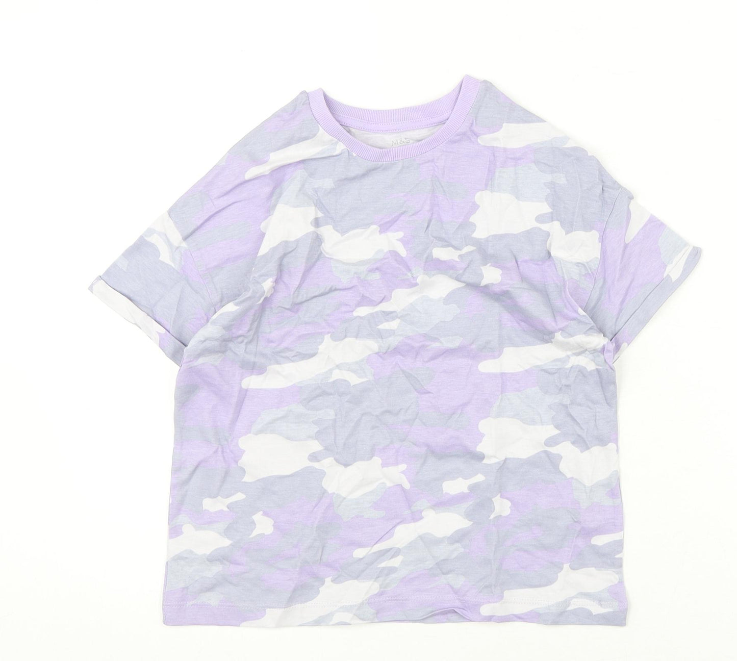 Marks and Spencer Boys Purple Camouflage Cotton Basic T-Shirt Size 8-9 Years Round Neck Pullover