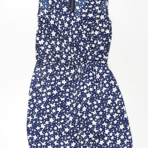 Closet Womens Blue Geometric Polyester Shift Size 8 V-Neck Zip - Star Print Belted