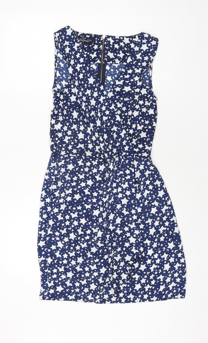 Closet Womens Blue Geometric Polyester Shift Size 8 V-Neck Zip - Star Print Belted