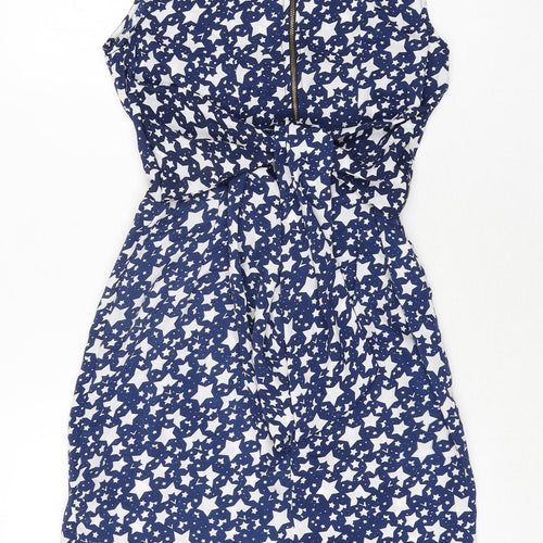 Closet Womens Blue Geometric Polyester Shift Size 8 V-Neck Zip - Star Print Belted