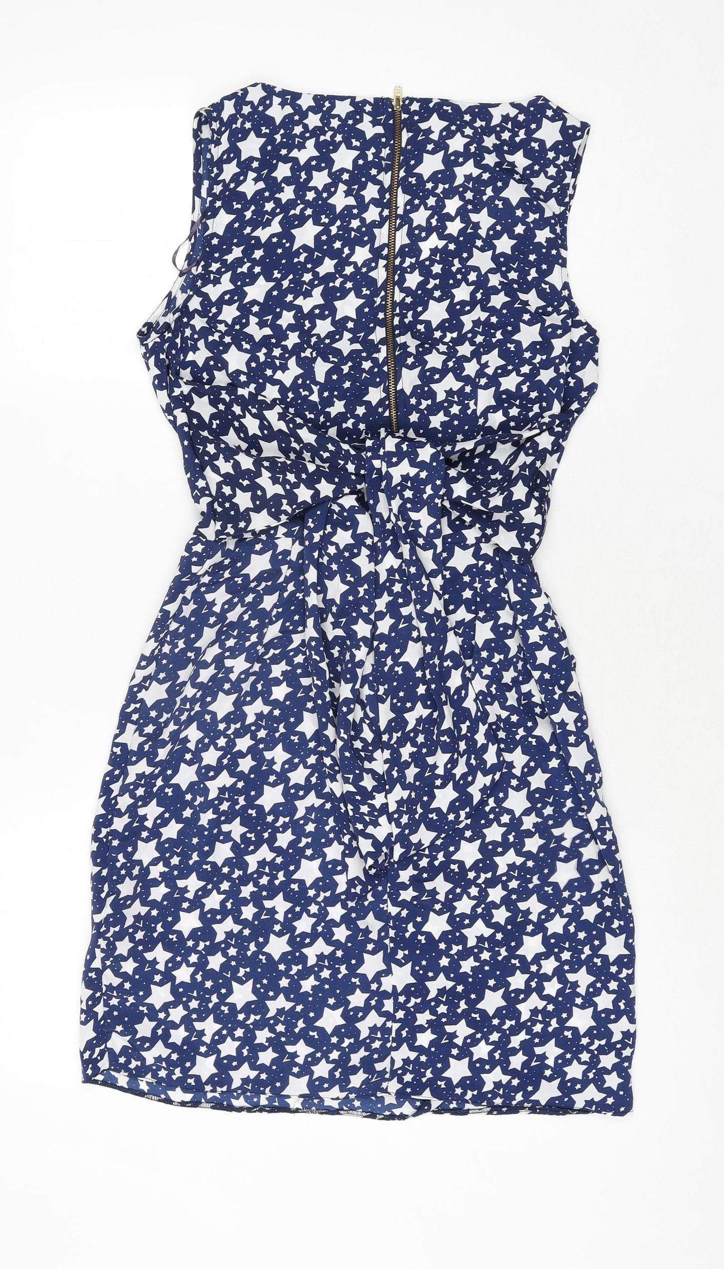 Closet Womens Blue Geometric Polyester Shift Size 8 V-Neck Zip - Star Print Belted